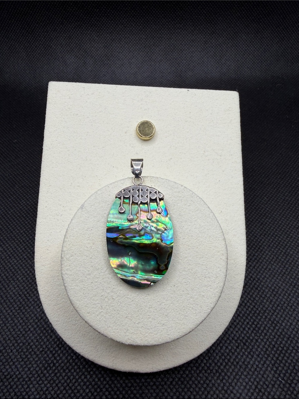 Abalone Shell Oval Pendant with Sterling Silver Accent - Iridescent Green Blue